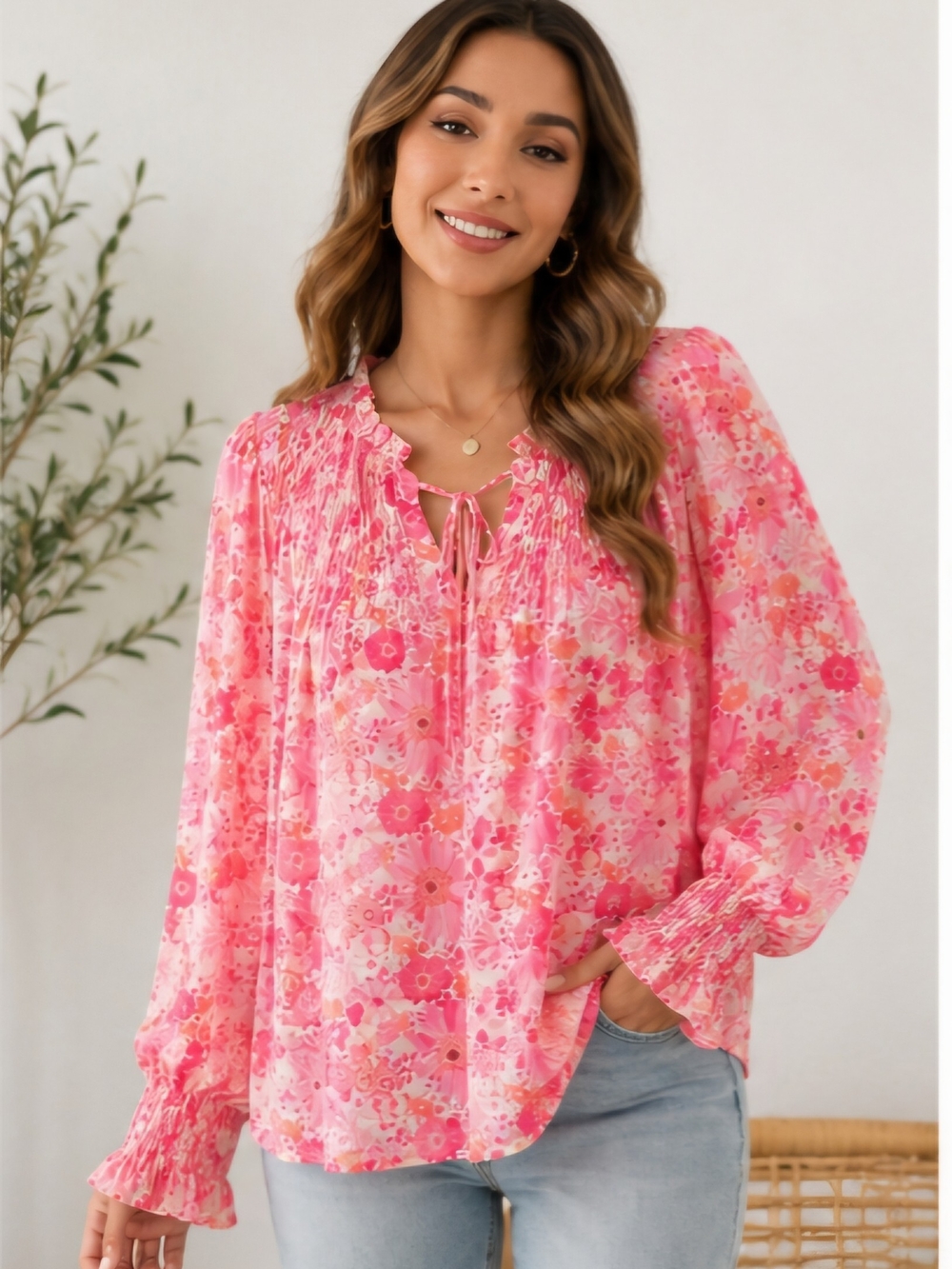 Pink Floral Tie-Neck Peasant Blouse - Women Tops